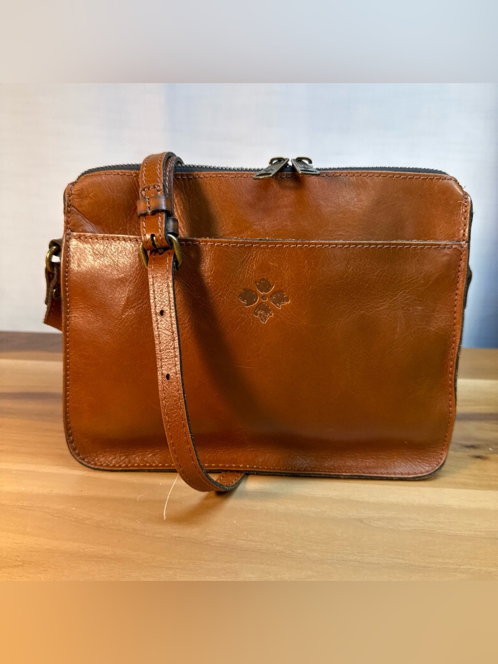 Patricia Nash Nazaire Genuine Leather Zip Top Crossbody Bag​​ Cognac Brown Boho